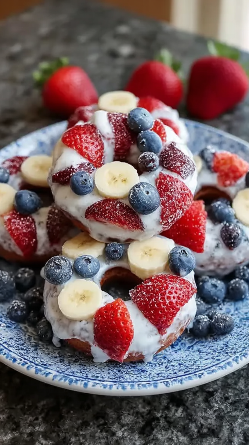 4th of July Fruit Frozen Donuts Recipe for Dogs being served on beautiful dinnerware