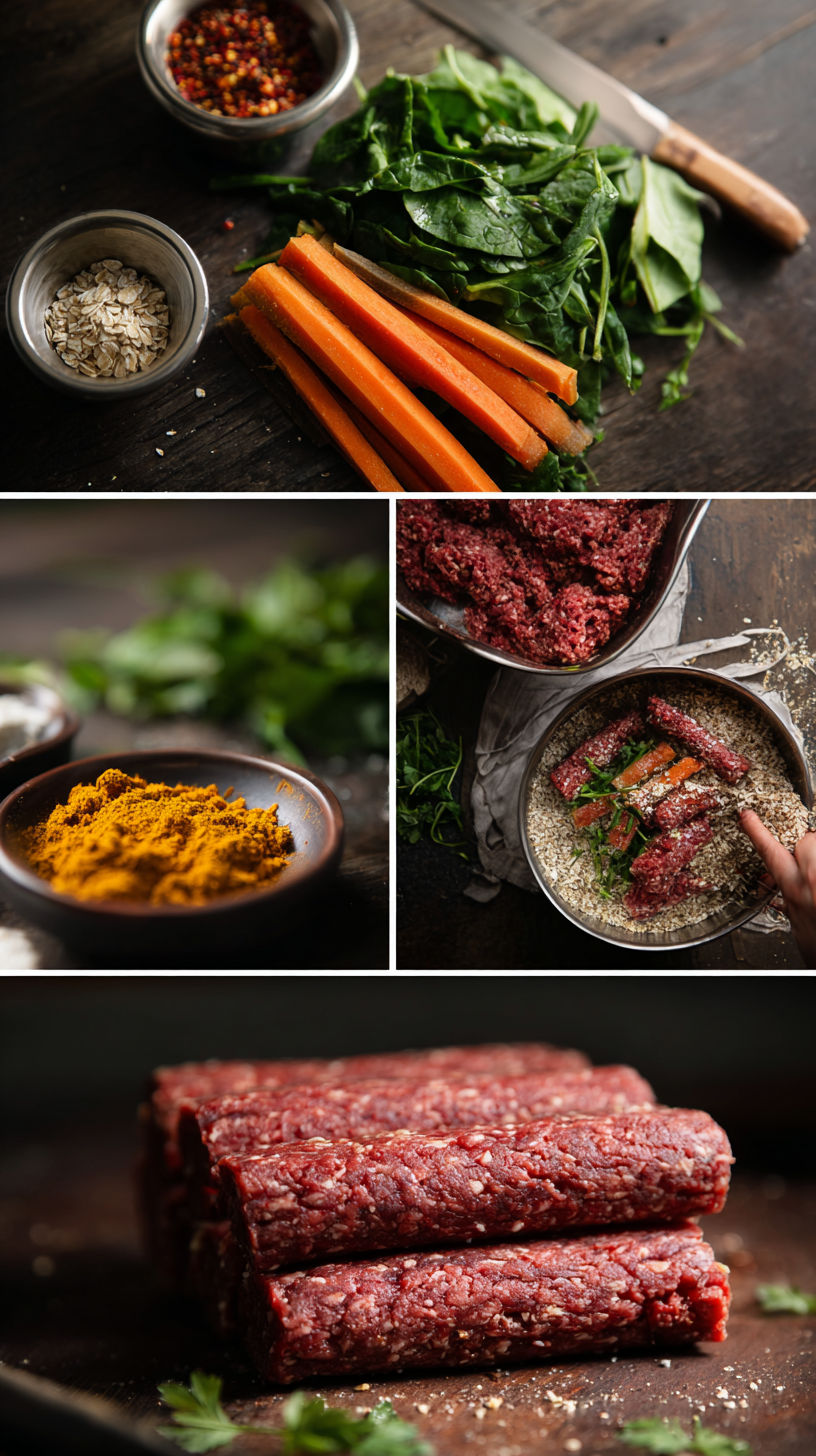 Preparing Beef and Vegetable Chew Sticks for Dogs step by step cooking process