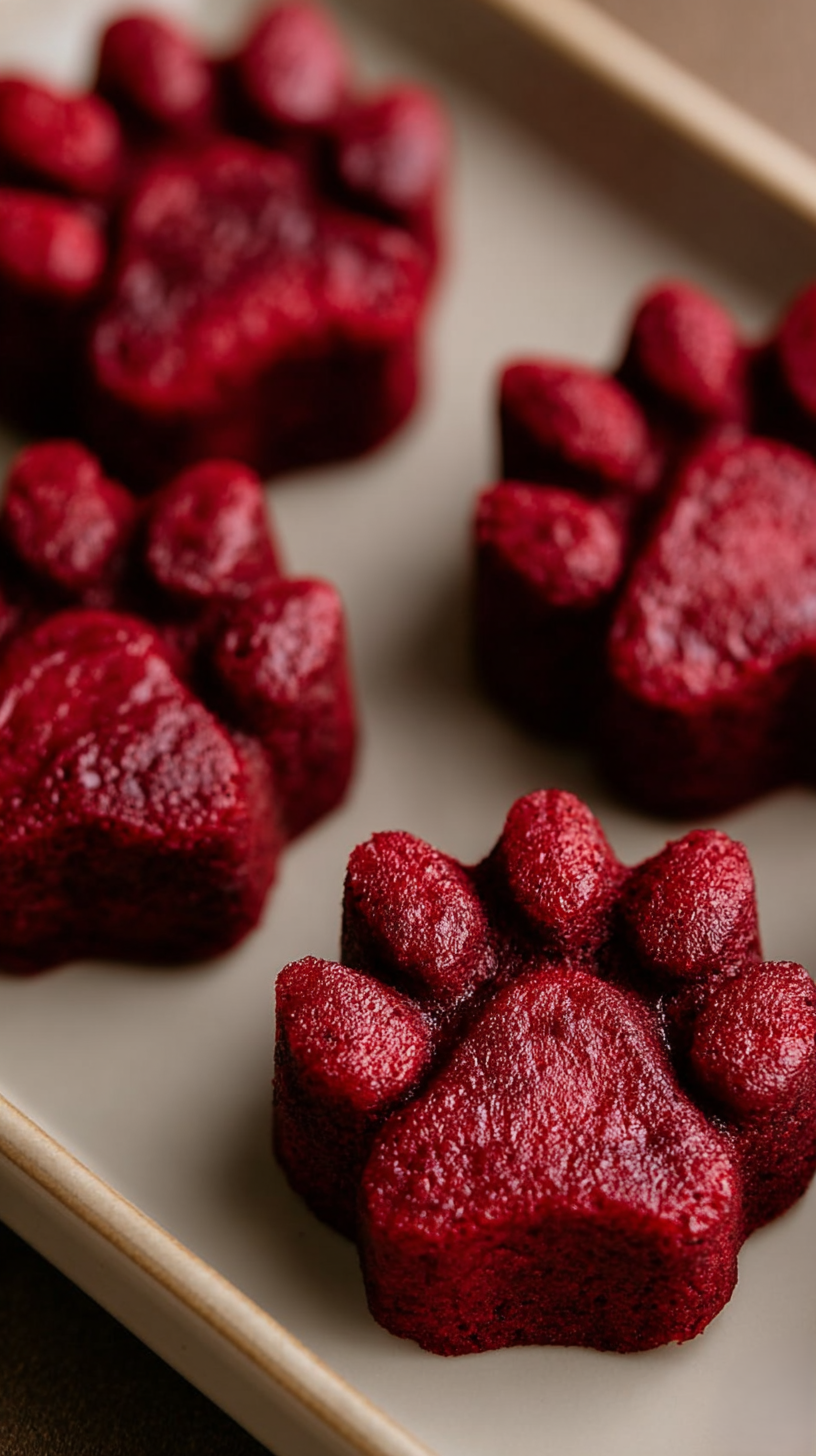 Bloody Beet Paw Print Treats being served on beautiful dinnerware