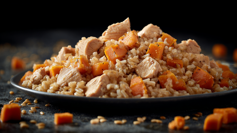 Hero shot of Chicken Sweet Potato DIY Dog Food Idea with chicken, sweet potatoes, and rice.