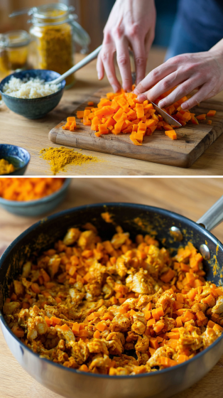 Preparing Chicken Sweet Potato DIY Dog Food Idea step by step cooking process.