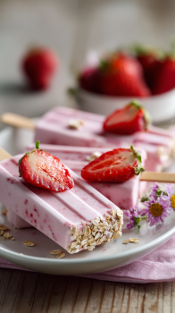 Dogs: A Cool, Chewy Treat for Sunny Days being served with Strawberry Oat Smoothie Sticks on beautiful dinnerware