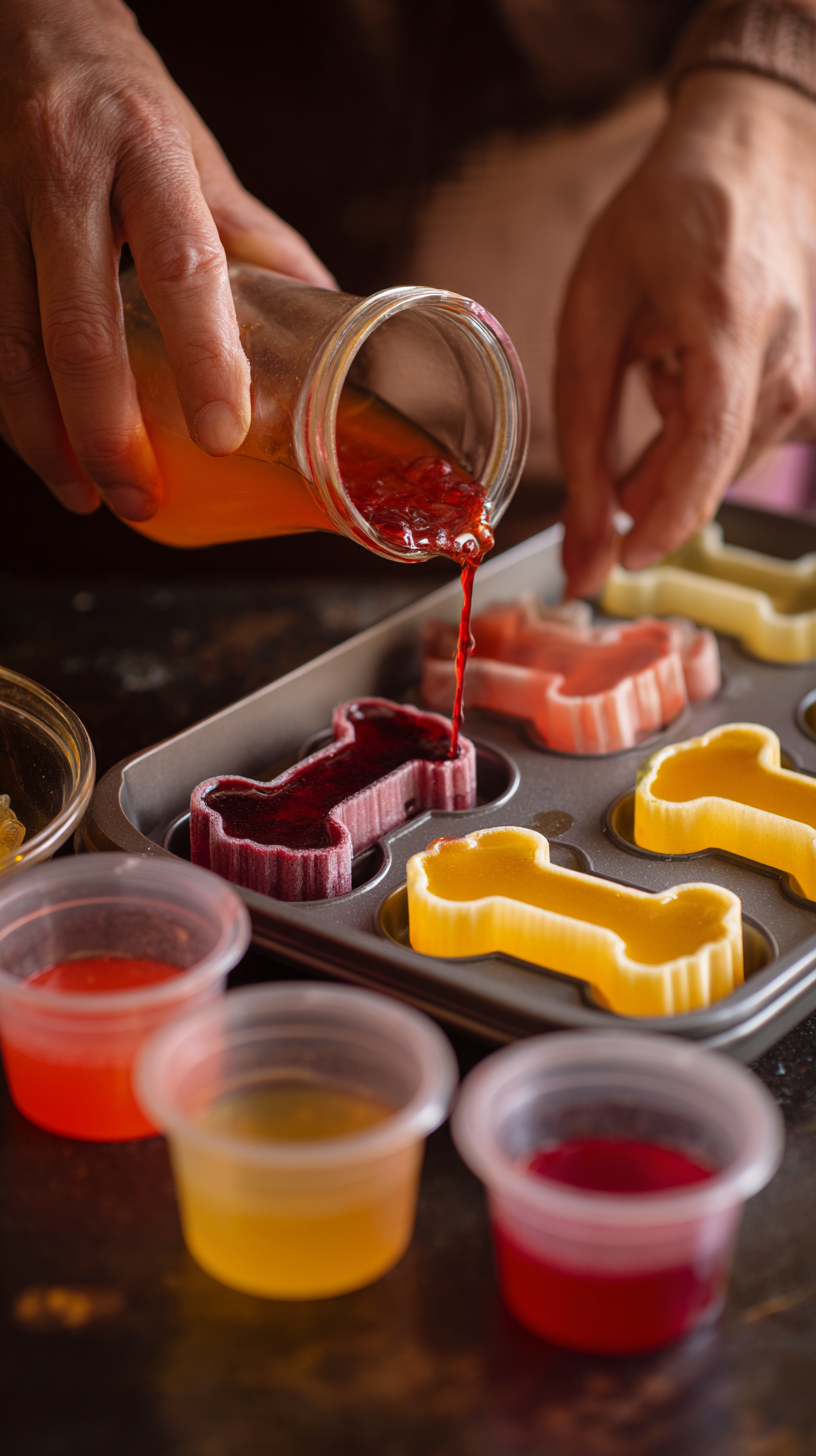 Preparing Fruit Gelatin bone treats for dogs step by step cooking process