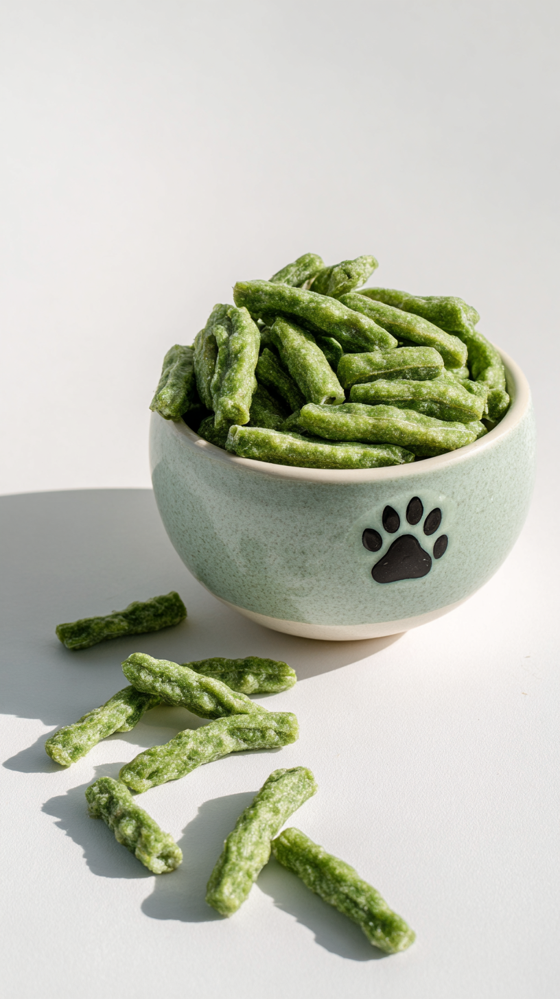 Green Bean Crunchies for Dogs being served on beautiful dinnerware