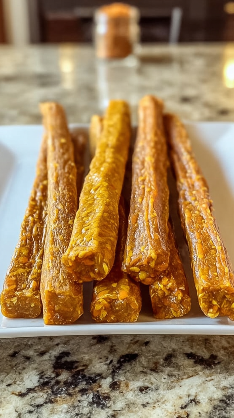 Homemade Carrot and Pumpkin Snack Sticks for Dogs being served on beautiful dinnerware