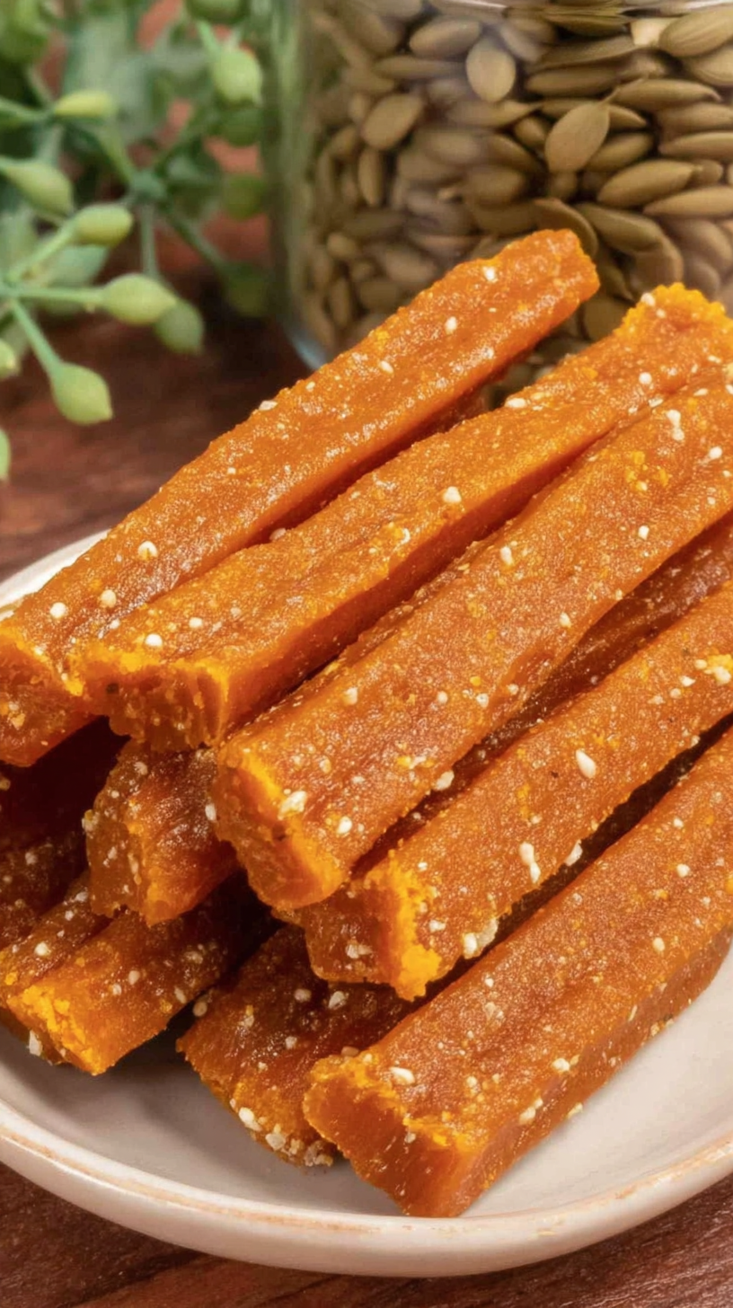 Homemade Carrot & Pumpkin Chews for Dogs being served on beautiful dinnerware
