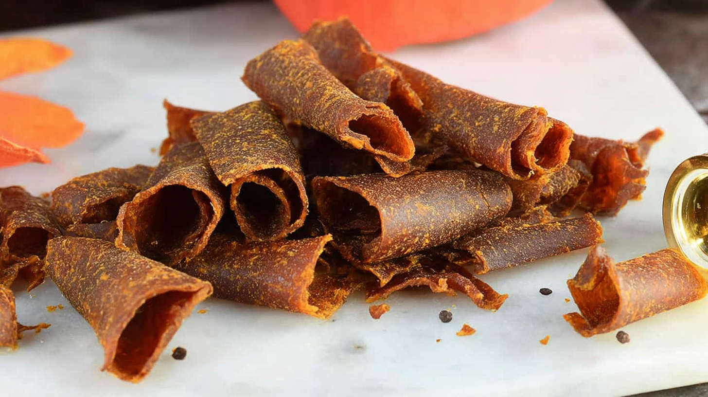 Homemade Dehydrator Pumpkin Leather Dog Treats hero shot