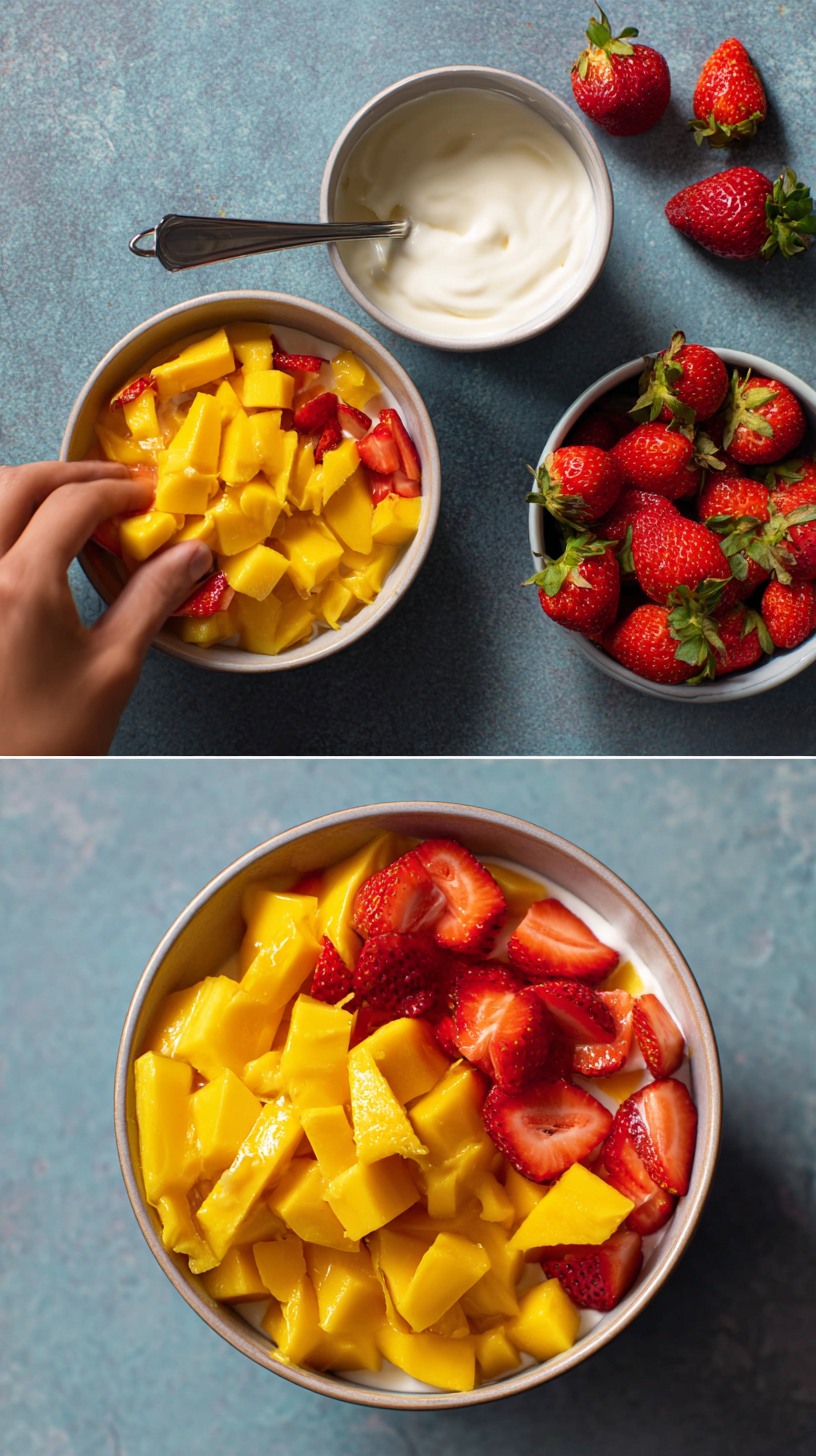 Preparing Mango and strawberry frozen dog treats step by step cooking process