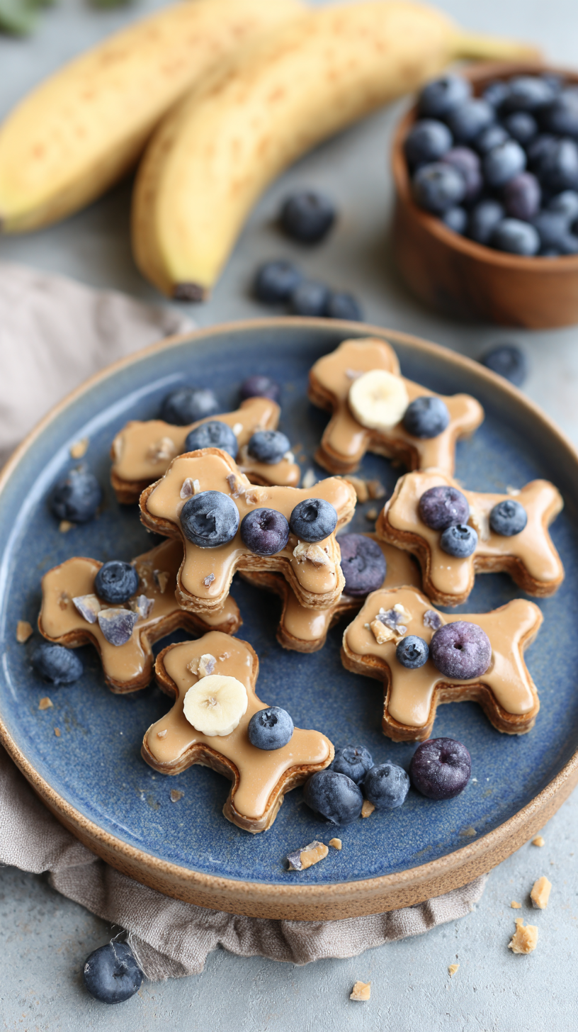 Peanut Butter Banana Blueberry Dog Treats being served on beautiful dinnerware