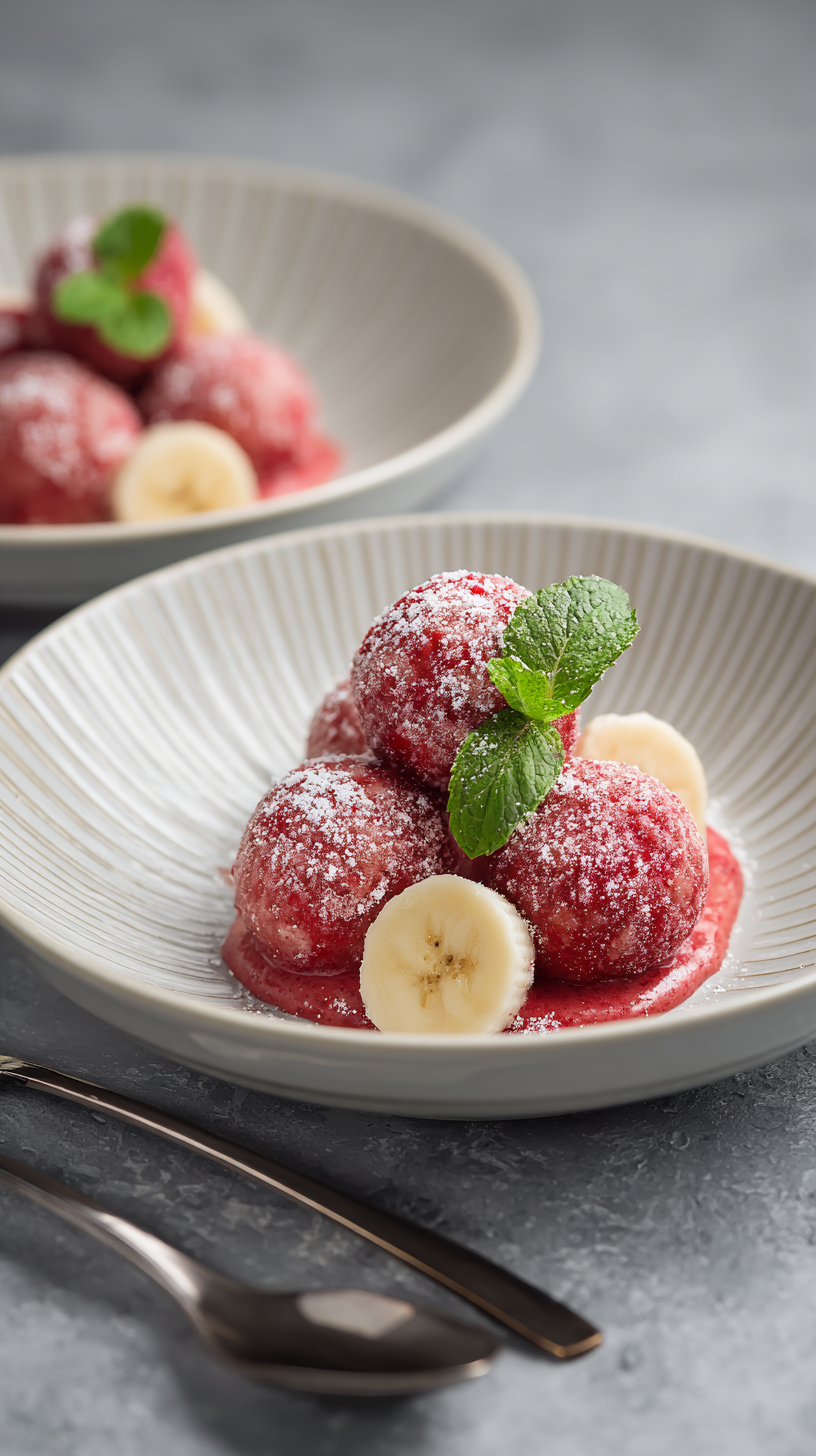 Strawberry & Banana Frozen Balls for Dogs being served on beautiful dinnerware