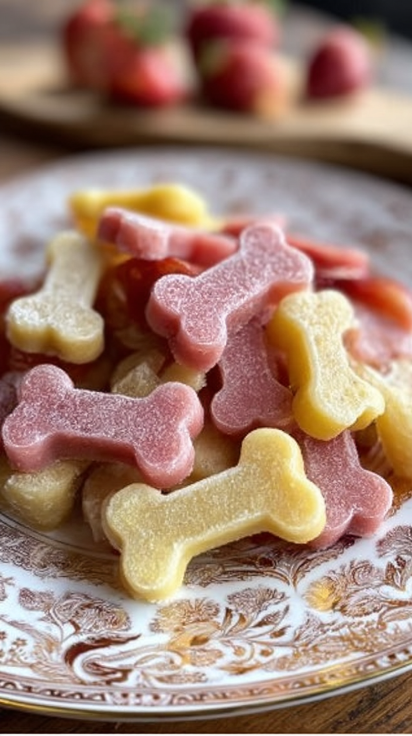 Strawberry Banana Honey Drops for Dogs being served on beautiful dinnerware