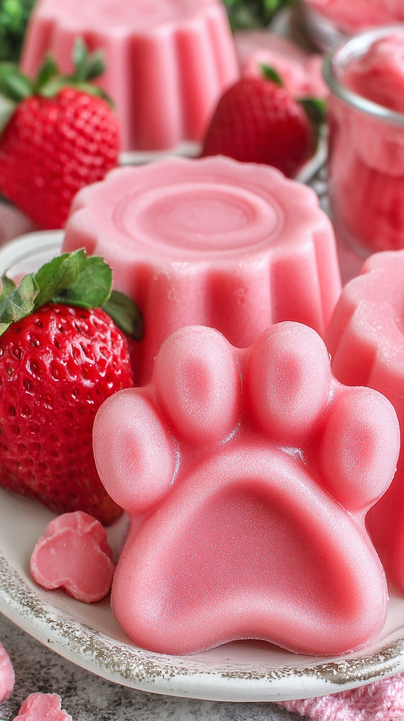 Strawberry yogurt frozen treats for dogs being served on beautiful dinnerware