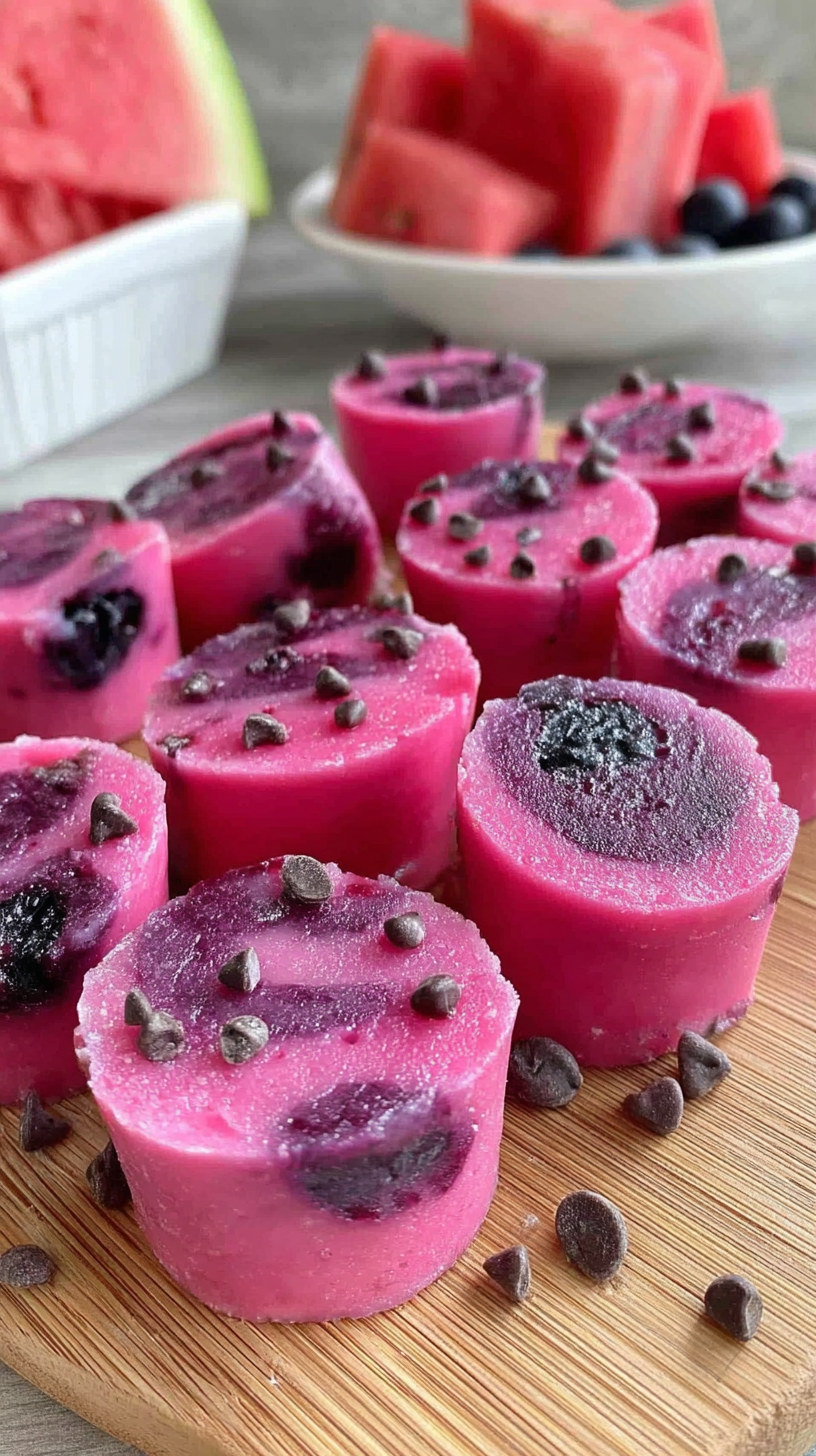 Watermelon & Blueberry swirl bites for dogs being served on beautiful dinnerware