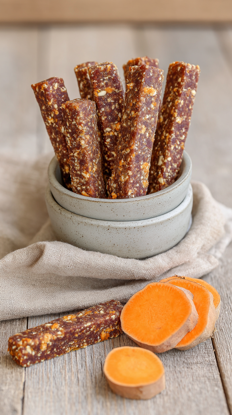 Beef & Sweet Potato Chews for Dogs being served on beautiful dinnerware