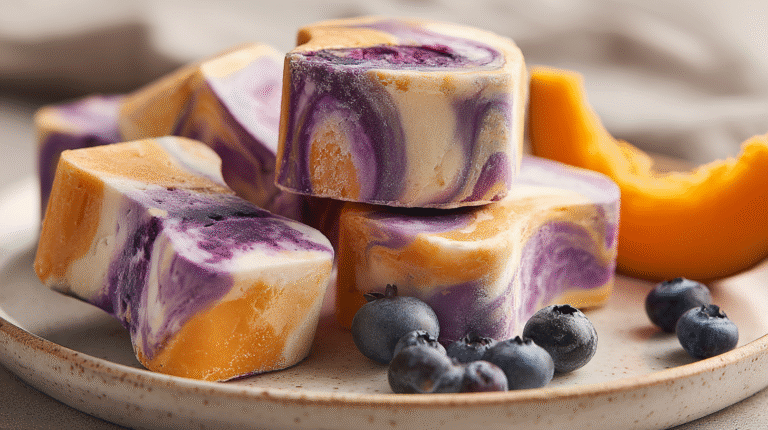 Hero shot of Berry Pumpkin Swirl Yogurt Bones with vibrant pumpkin and blueberry swirls