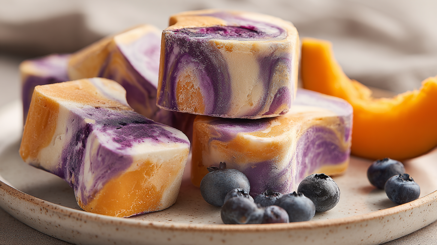 Hero shot of Berry Pumpkin Swirl Yogurt Bones with vibrant pumpkin and blueberry swirls