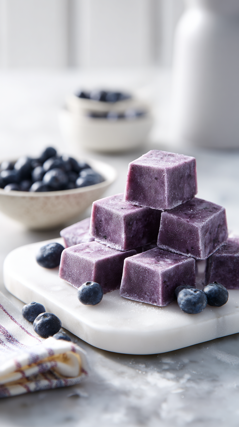 Blueberry Coconut Oil Frozen Dog Treats being served on beautiful dinnerware