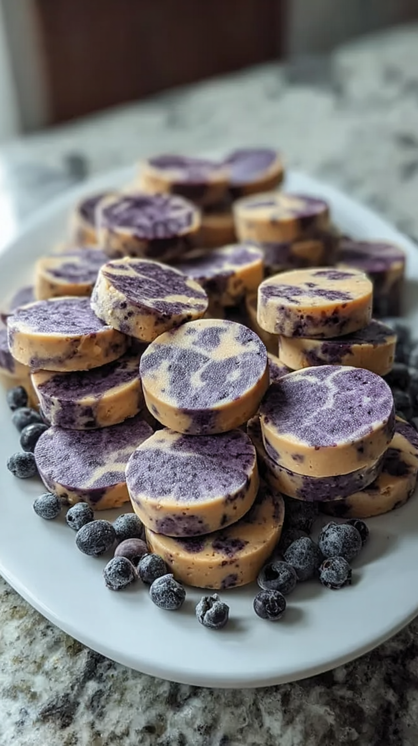 Blueberry & Peanut Butter Frozen Swirl Bites for Dogs being served on beautiful dinnerware