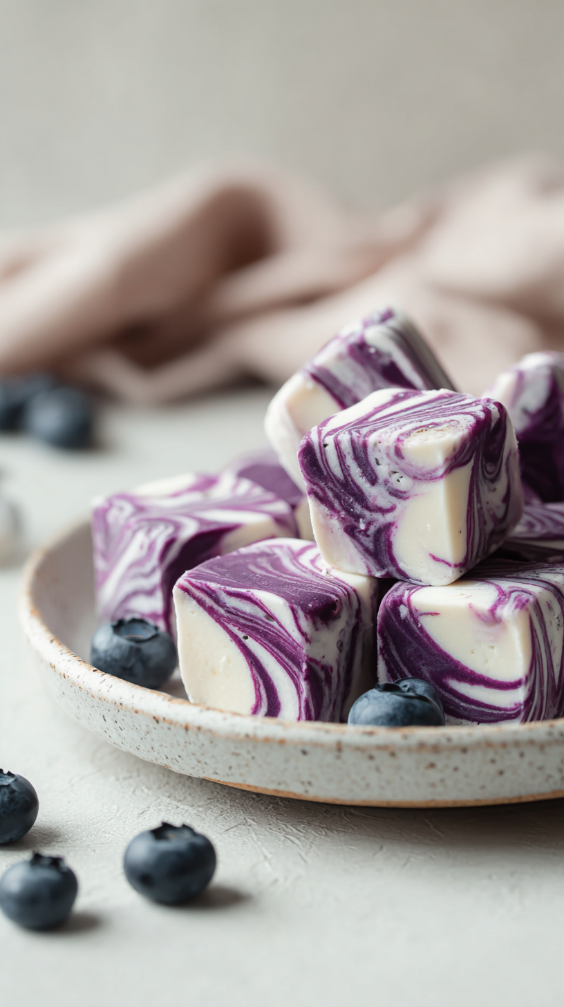 Blueberry Swirl Yogurt Bites being served on beautiful dinnerware