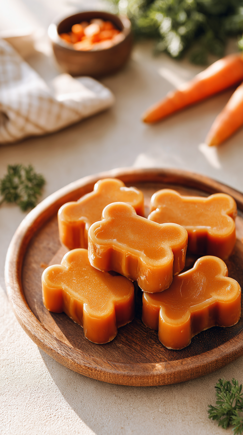 Carrot Bone Broth Frozen Dog Treats being served on beautiful dinnerware