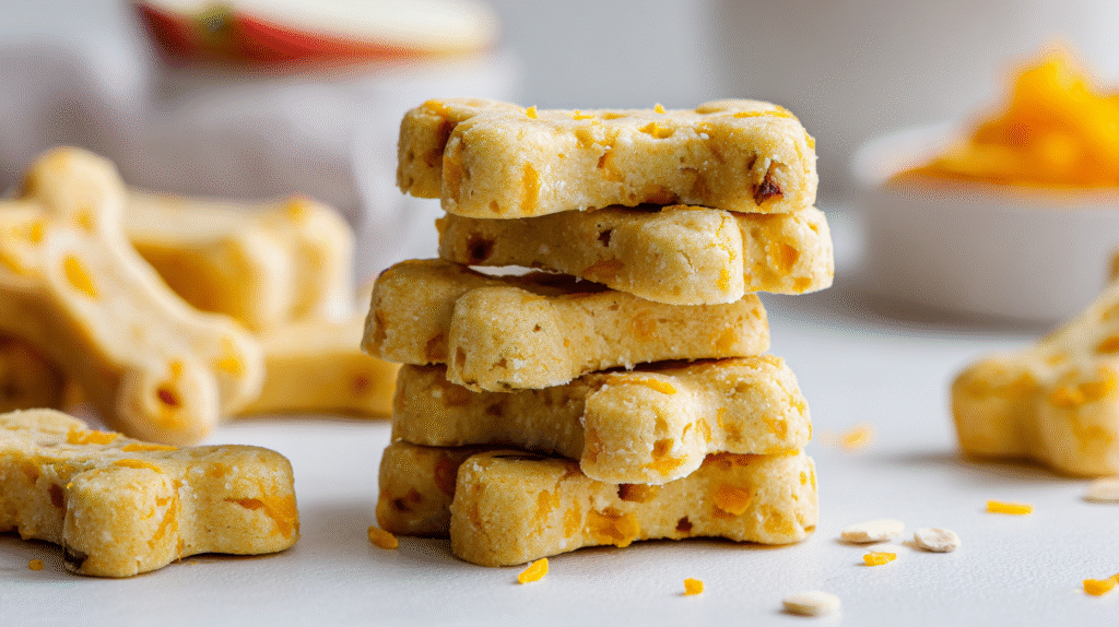 Cheddar Apple Dog Cake Treats hero shot with whipped cream frosting and colorful sprinkles