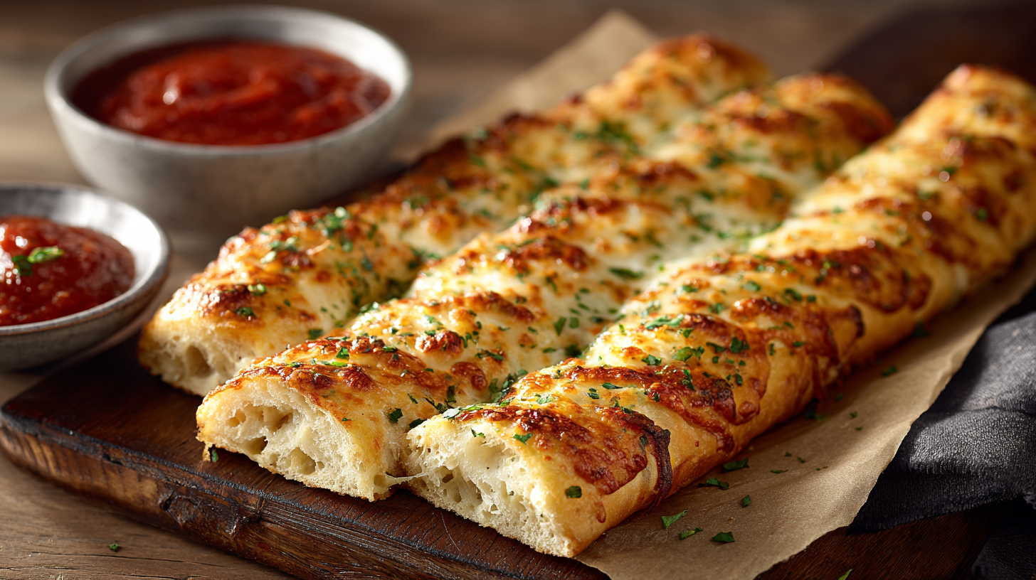 Hero shot of cheesy breadsticks with golden cheese and crispy edges
