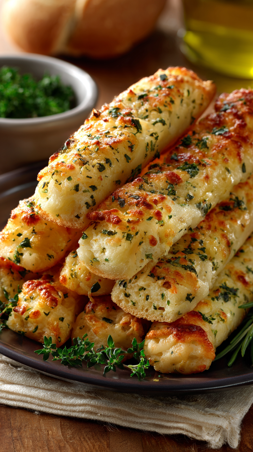 Cheesy breadsticks being served on beautiful dinnerware
