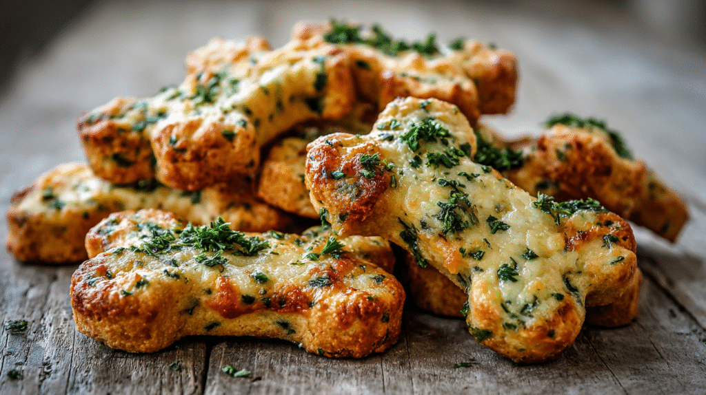 Hero shot of Cheesy Herb Dog Biscuits with golden crispy texture