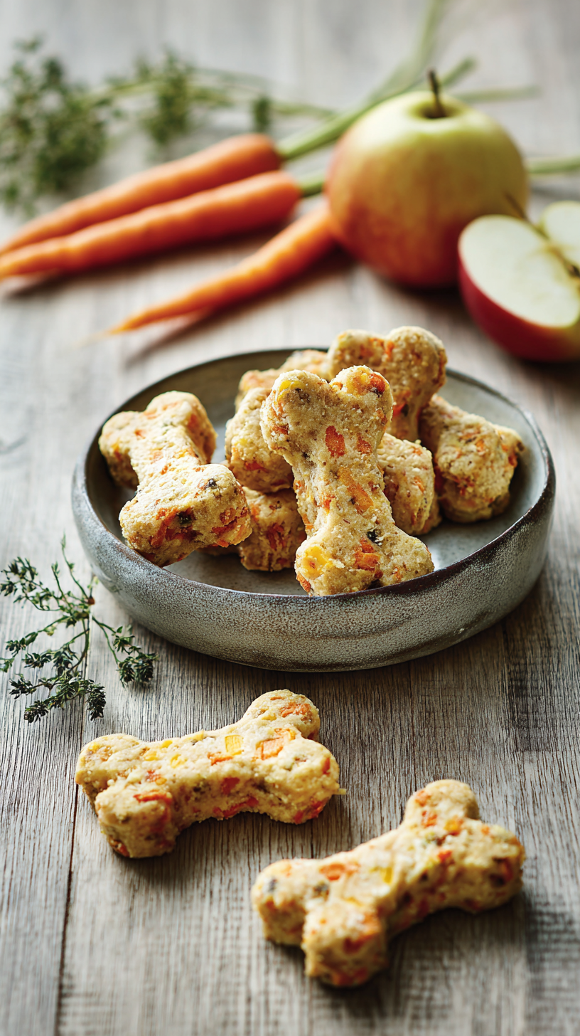 Crunchies Carrot Apple Dog Treats being served on beautiful dinnerware