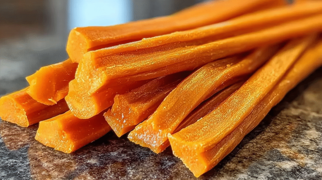 Homemade Carrot and Sweet Potato Chews for Dogs hero shot of the finished dish