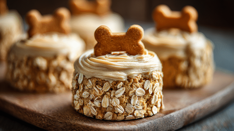 Hero shot of Pumpkin and Peanut Butter Dog Cakes with frosting and dog biscuit