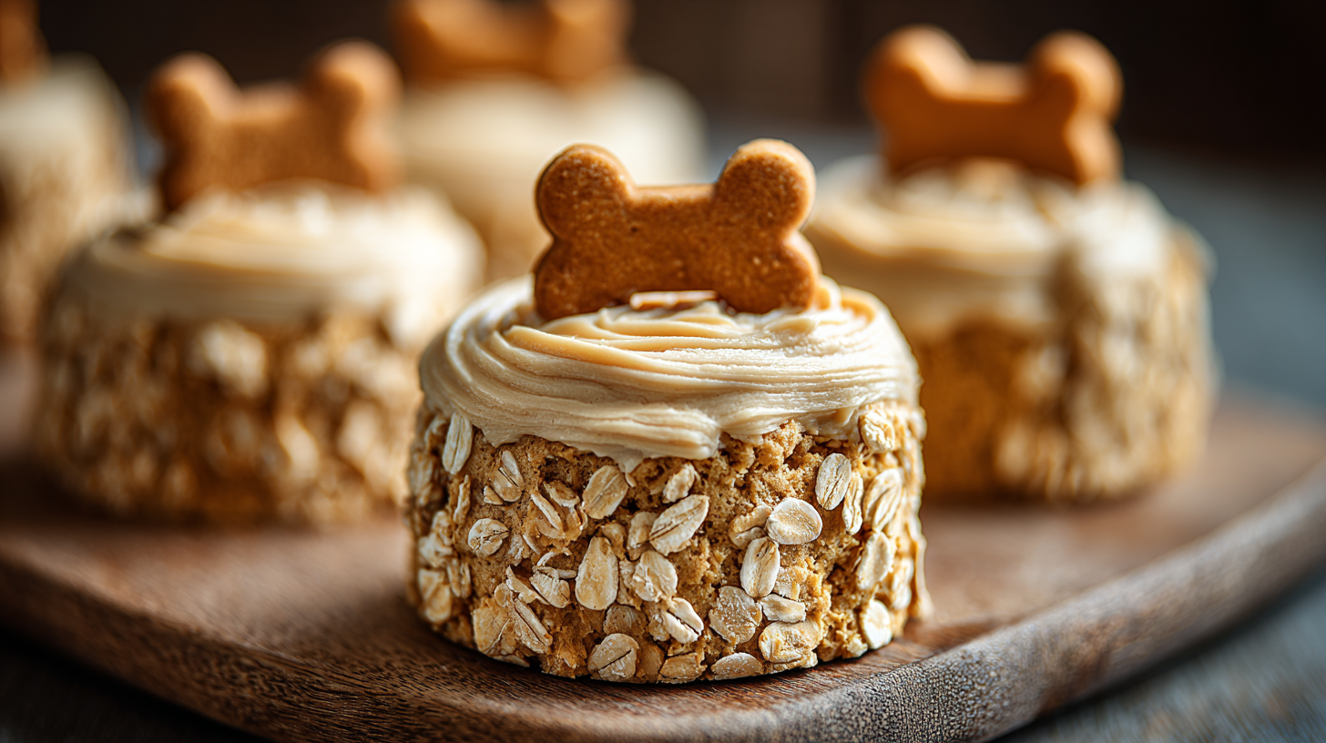 Hero shot of Pumpkin and Peanut Butter Dog Cakes with frosting and dog biscuit