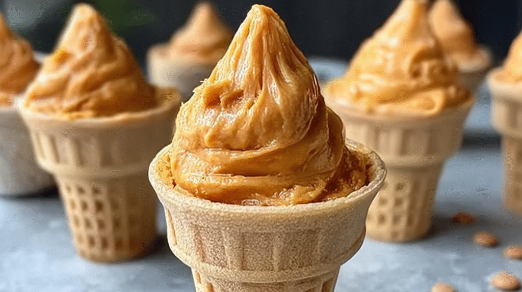 Hero shot of Pumpkin Peanut Butter Doggy Ice Cream, showcasing its creamy texture and vibrant color.