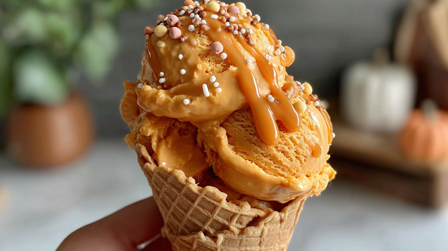 Pumpkin Peanut Butter Doggy Ice Cream being served on beautiful dinnerware.