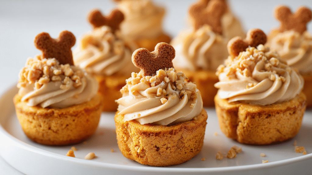 Pumpkin & Peanut Butter Pupcake Dog Treats hero shot with creamy frosting and crushed peanuts