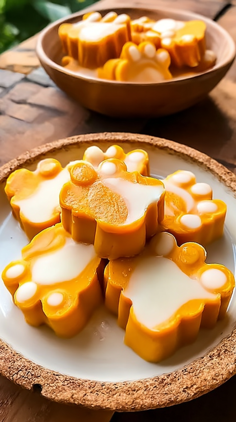 Pumpkin Yogurt Dog Treats being served on beautiful dinnerware