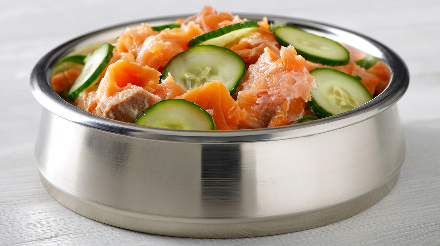 Salmon Dog Food hero shot with salmon, cucumber, and blueberries