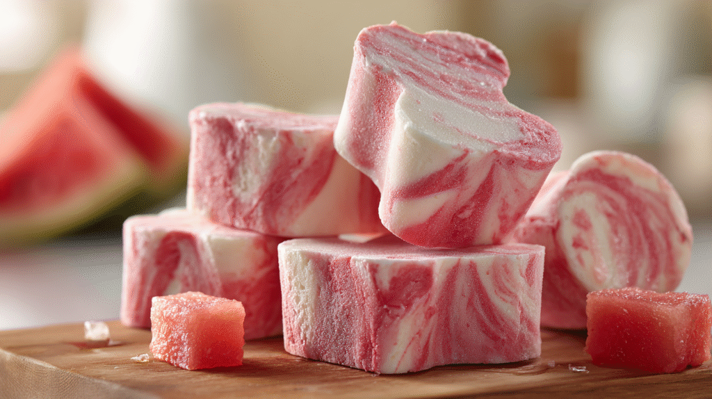 Hero shot of Watermelon Yogurt Freezies with vibrant pink color and creamy texture