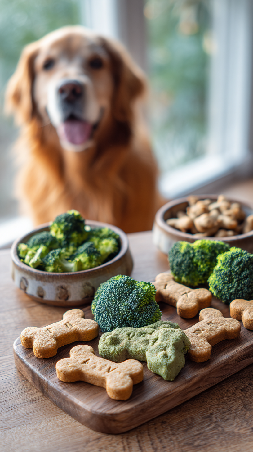 Wholesome Homemade Dog Treats with Broccoli & Chicken being served on beautiful dinnerware
