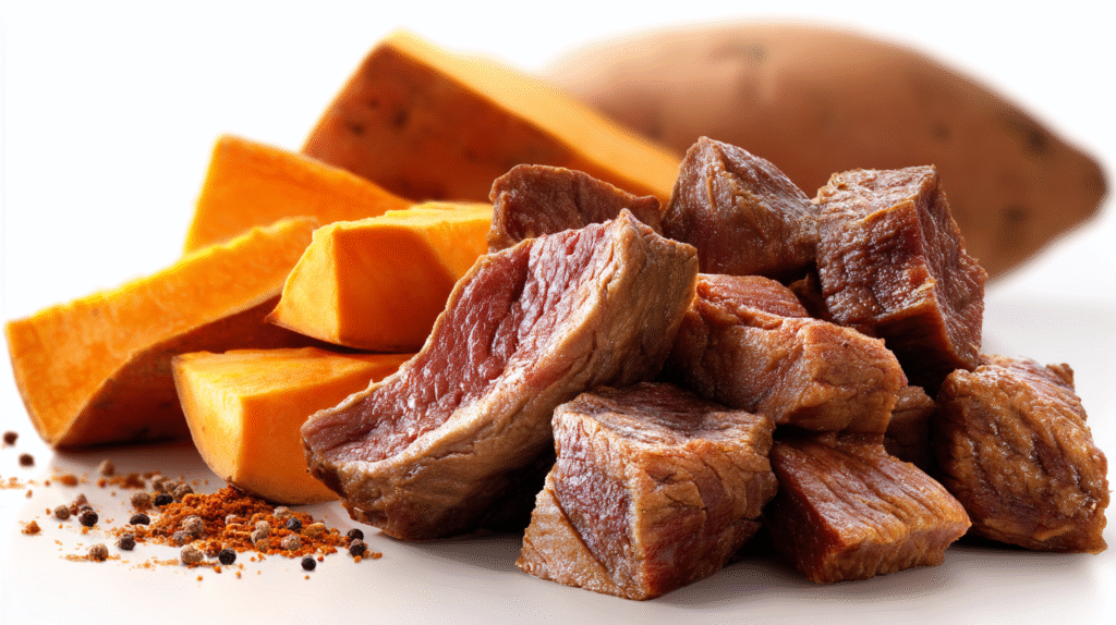 Beef & Sweet Potato Chews for dogs hero shot of the finished dish