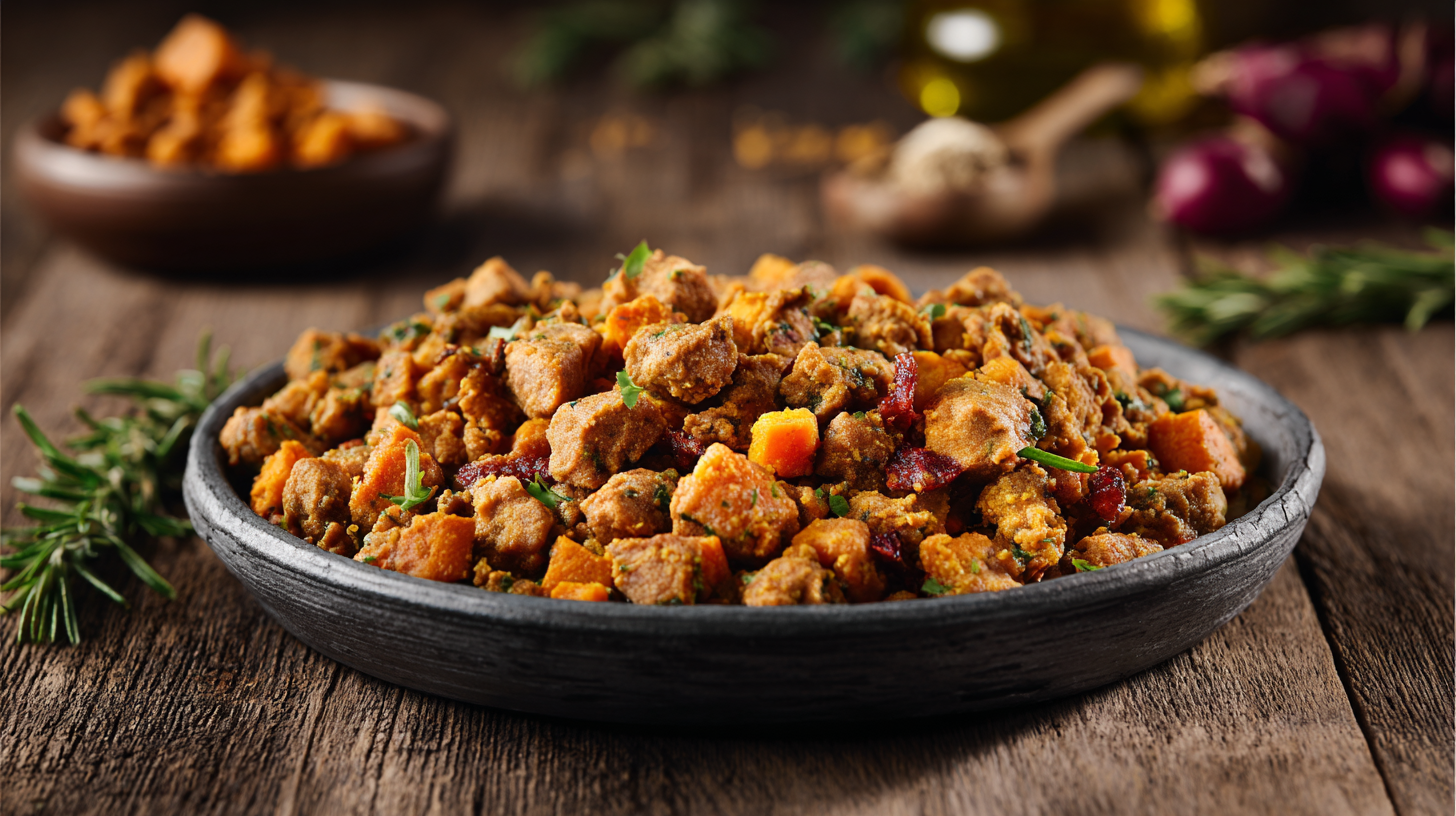 Hero shot of Chicken and Sweet Potato Dog Food in a rustic bowl
