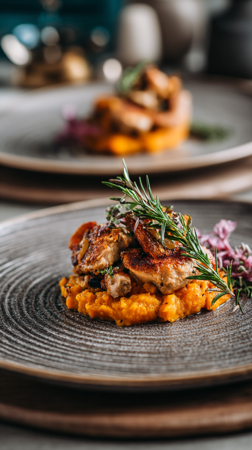 Chicken and Sweet Potato Dog Food being served on beautiful dinnerware