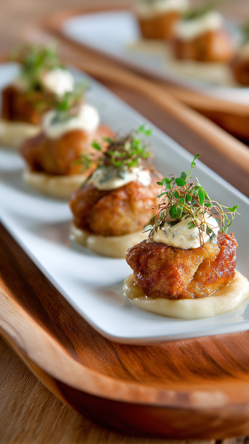 Chicken & Cheese dog Bites being served on beautiful dinnerware