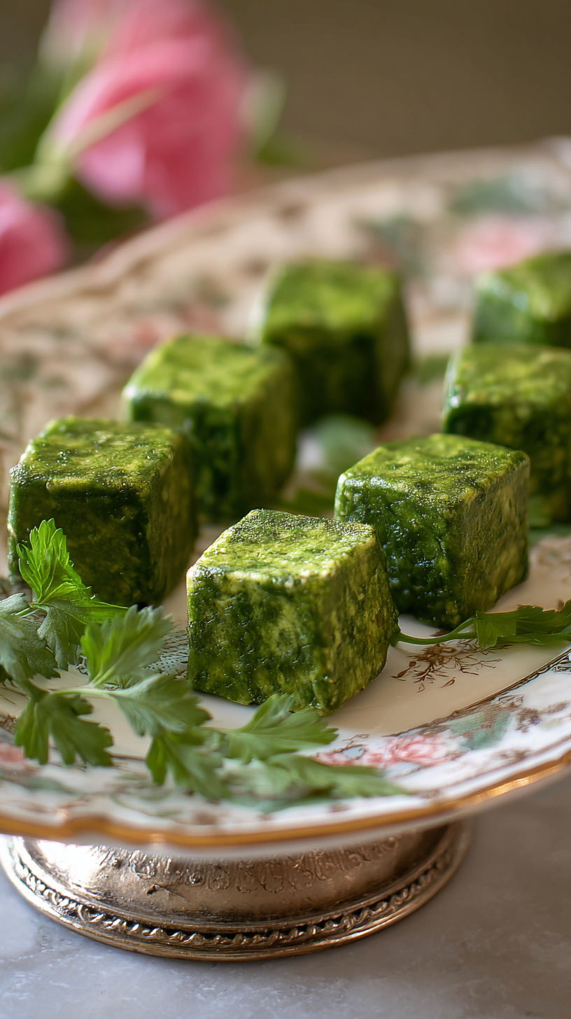 DIY Greenies Spinach & Parsley Chews for Dogs being served on beautiful dinnerware
