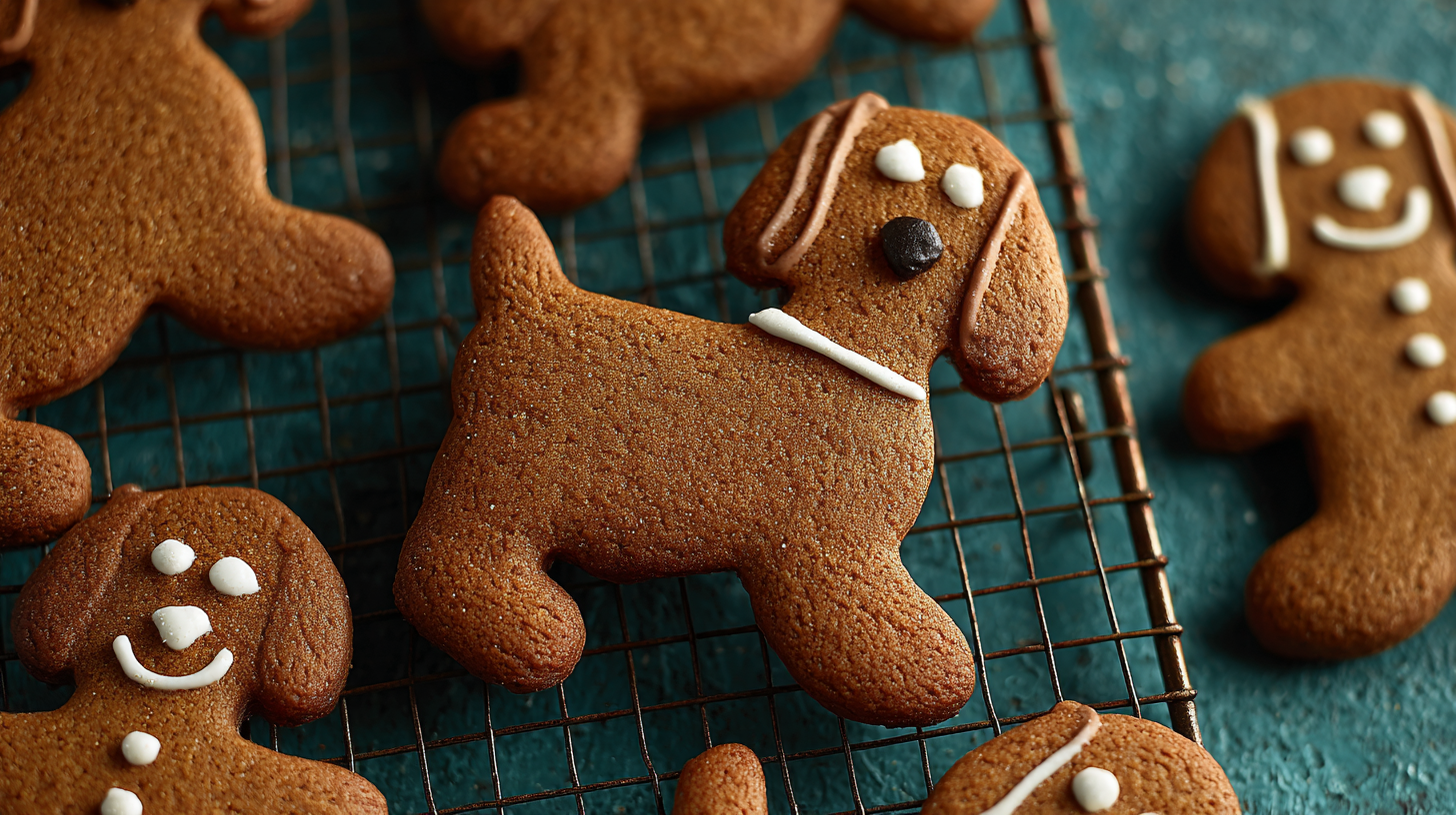Hero shot of Gingerbread Dog Cookies with golden edges and festive shapes
