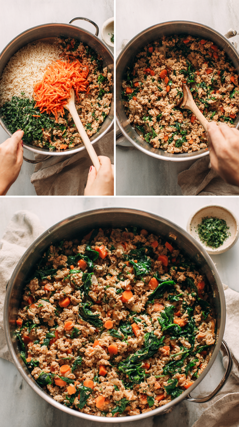 Preparing Ground Turkey & Rice Stew for Dogs step by step cooking process