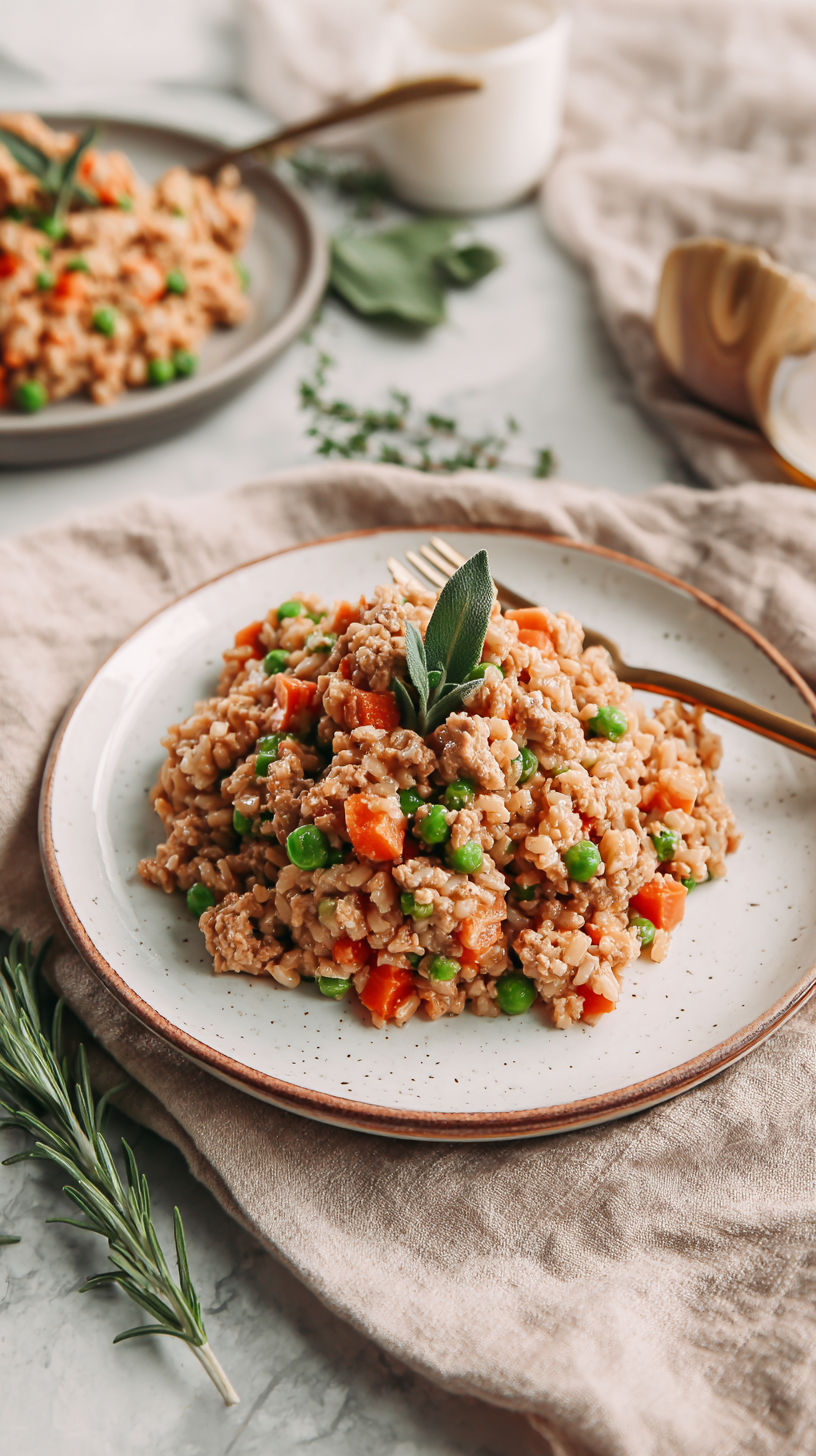 Ground Turkey & Rice Stew for Dogs being served on beautiful dinnerware
