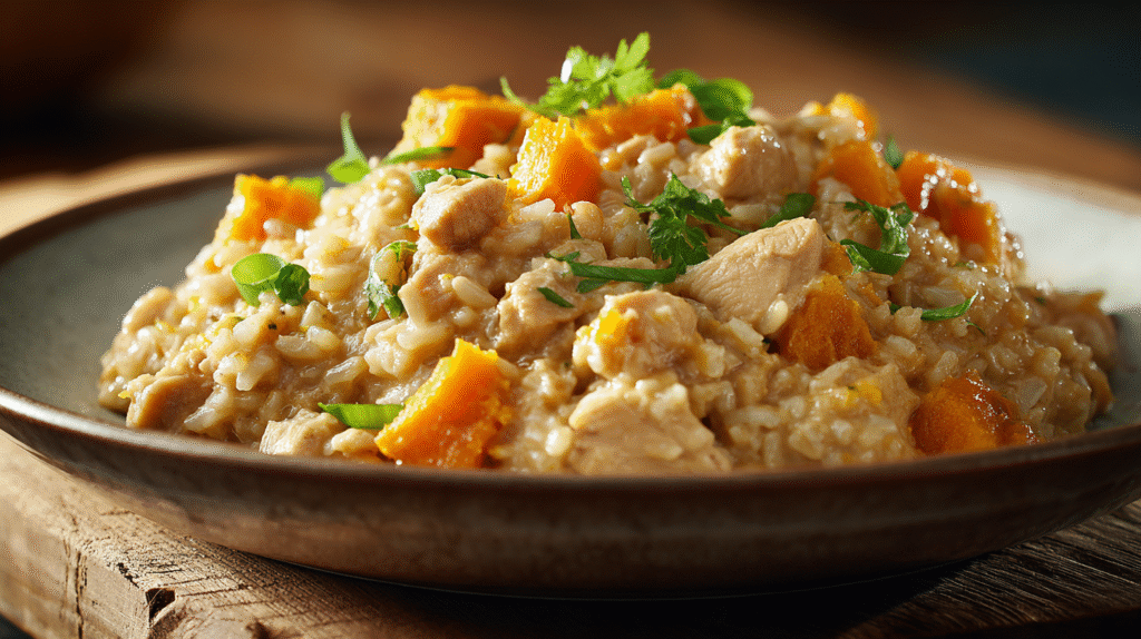 Homemade d ogFood for Sensitive Stomachs hero shot with chicken, jasmine rice, and pumpkin puree