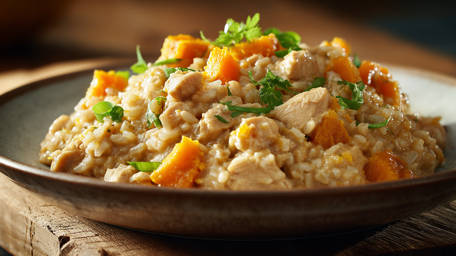 Homemade d ogFood for Sensitive Stomachs hero shot with chicken, jasmine rice, and pumpkin puree