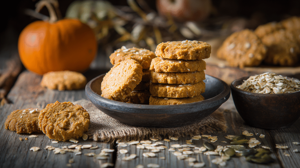 Pumpkin & Peanut Butter dog Biscuits hero shot with golden biscuits on a rustic table